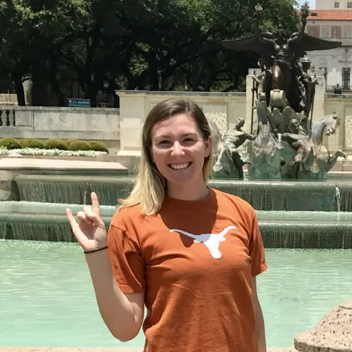 Photo of Jacque with Hook'em Horns Photo of Jacque with Hook'em Horns